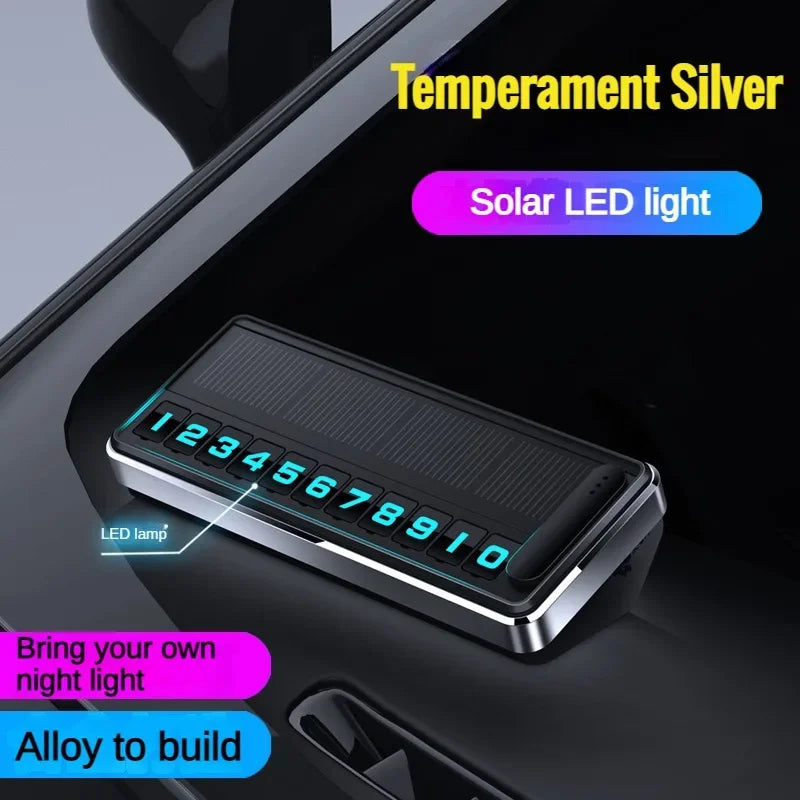 Solar Car Phone Number Plate Led Lighting Temporary Parking Card Hidden Plates Car Park Stop Multiple Number Parking Gadgets Peaceful Pleasures Health and Wellness Silvery