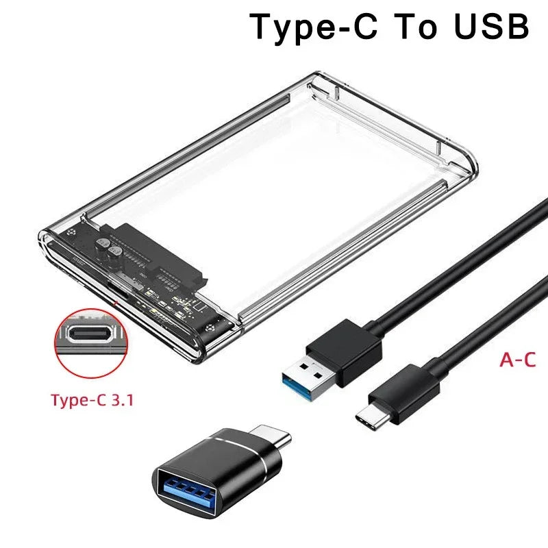 USB 3.0/Type C External Hard Drive Enclosure 2.5 Inch SATA to USB3.0 UASP Clear Portable Hard Drive Case HDD Tool-Free Peaceful Pleasures Health and Wellness USB C-USB A OTG