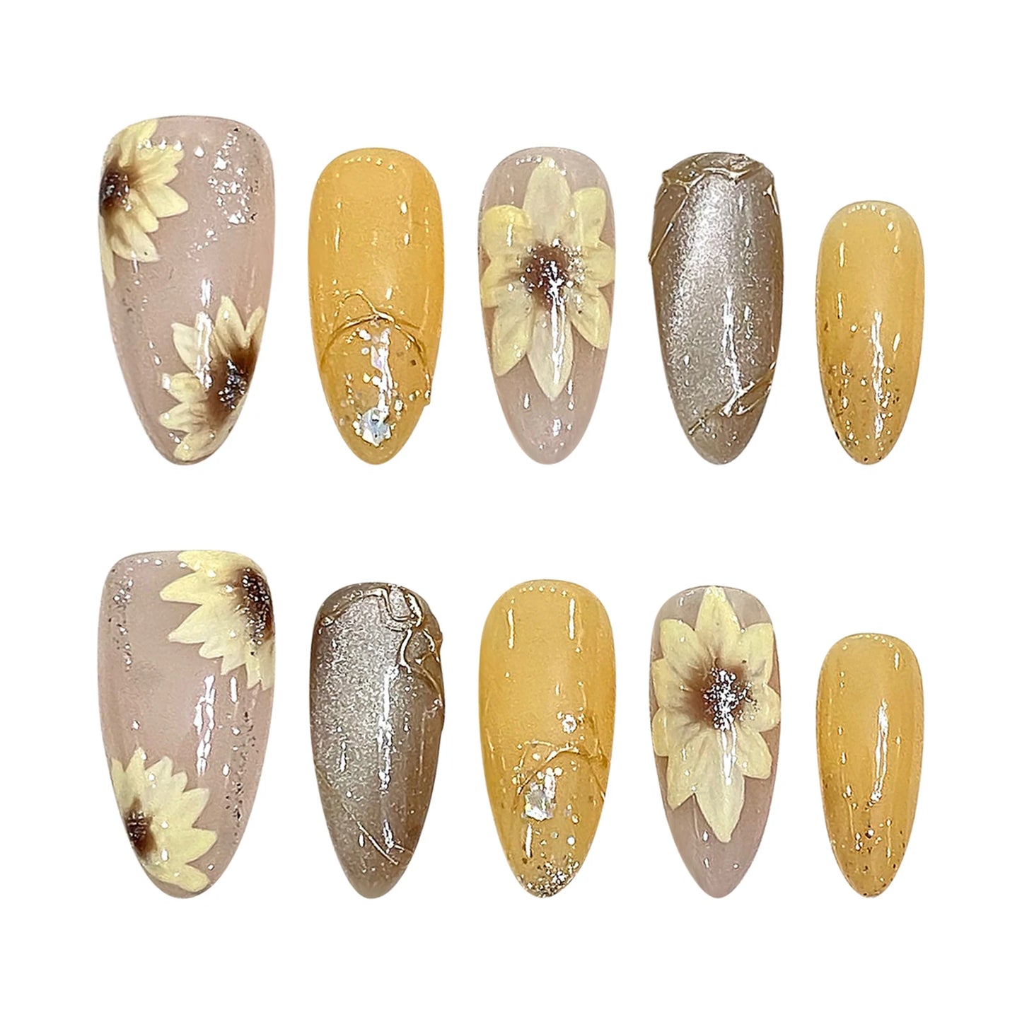 Handmade Press on Nails Shiny Cat Eyes Almond Fake Nails with Sunflower Hand-printed Glossy yellow False Nail Wearable Design Peaceful Pleasures Health and Wellness M