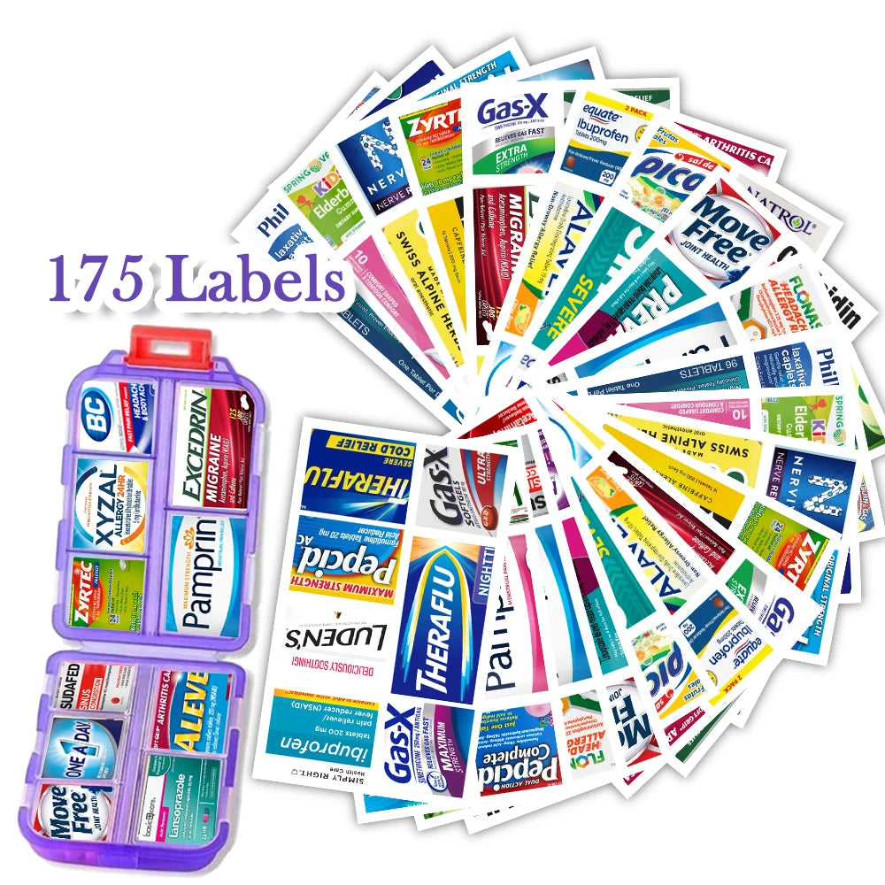 10 Grids Pill Organize Storage Container with 175 Labels Pill Case Health Medicine Organizer Travel Supply Mini Pill Box Peaceful Pleasures Health and Wellness PURPLE
