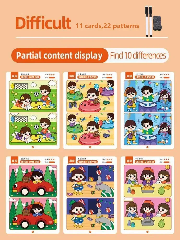 Find Difference Fun Focus Training Game Erasable Picture Cards