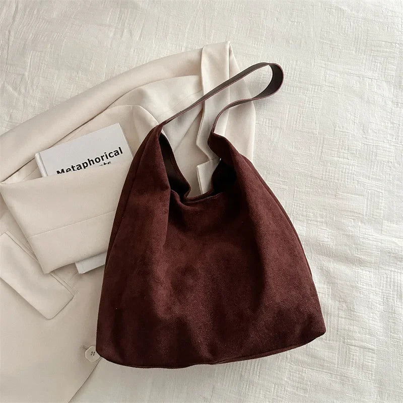 Large-capacity Retro Matte Handbag for Women New Autumn and Winter Suede Single-shoulder Bag New and High-end Commuter Tote Bag Peaceful Pleasures Health and Wellness Coffee