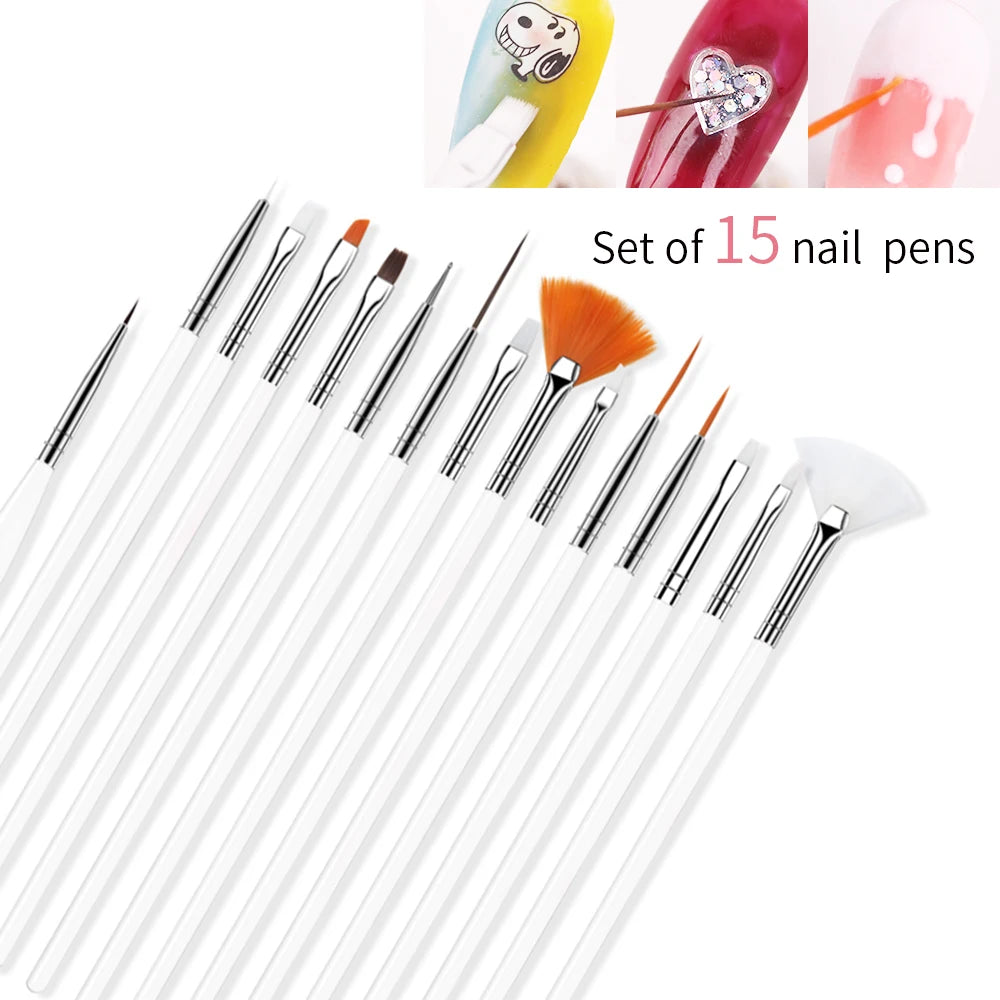 15pcs Fine Detail Paint Brush Set Acrylic UV Gel Drawing Dotting Manicure Nail Art Design Tools Makeup Accessorie Gel Brush Peaceful Pleasures Health and Wellness WHITE