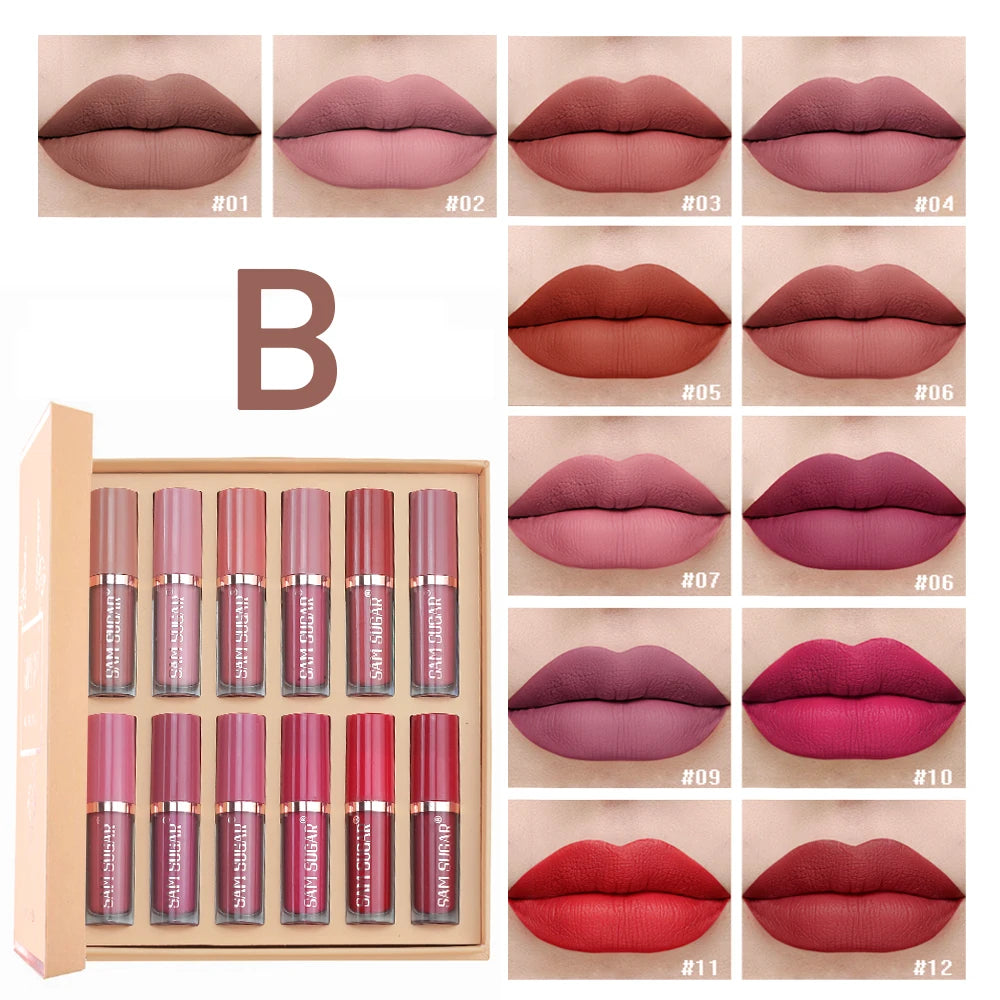 12 Colors Lip Gloss Set Matte Velvet Non-Stick Waterproof Sweatproof Long Lasting Exquisite Gift Set Gift Idea Peaceful Pleasures Health and Wellness B