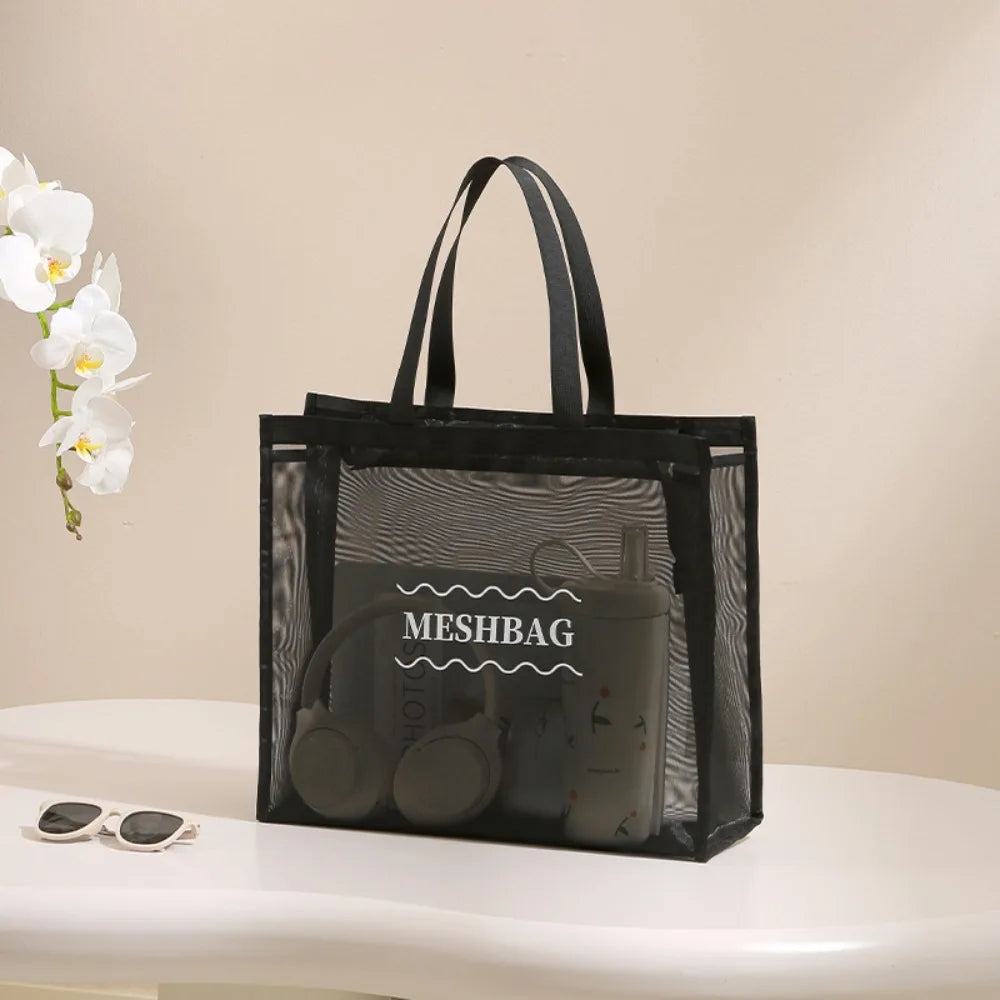 Large Capacity Shoulder Bag Hollow Mesh Transparent Swim Tote Bag Multifunctional Waterproof Beach Toiletry Storage Bag Women Peaceful Pleasures Health and Wellness Black-L