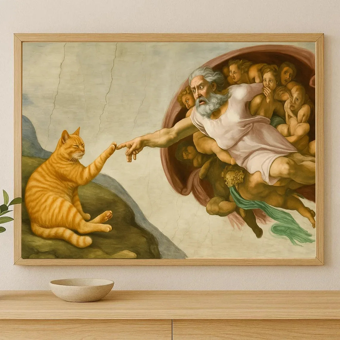 "Whimsical 'Creation of Adam' with Orange Cat Wall Print Decor - Classic Art Parody Poster for Eclectic Living Room, Quirky Peaceful Pleasures Health and Wellness TR261065-2 50x70cm Unframed
