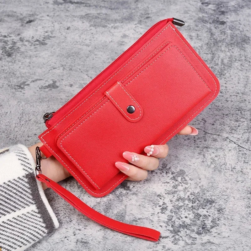 PU Leather Long Multi-card Position Clutch Buckle Zipper Studen