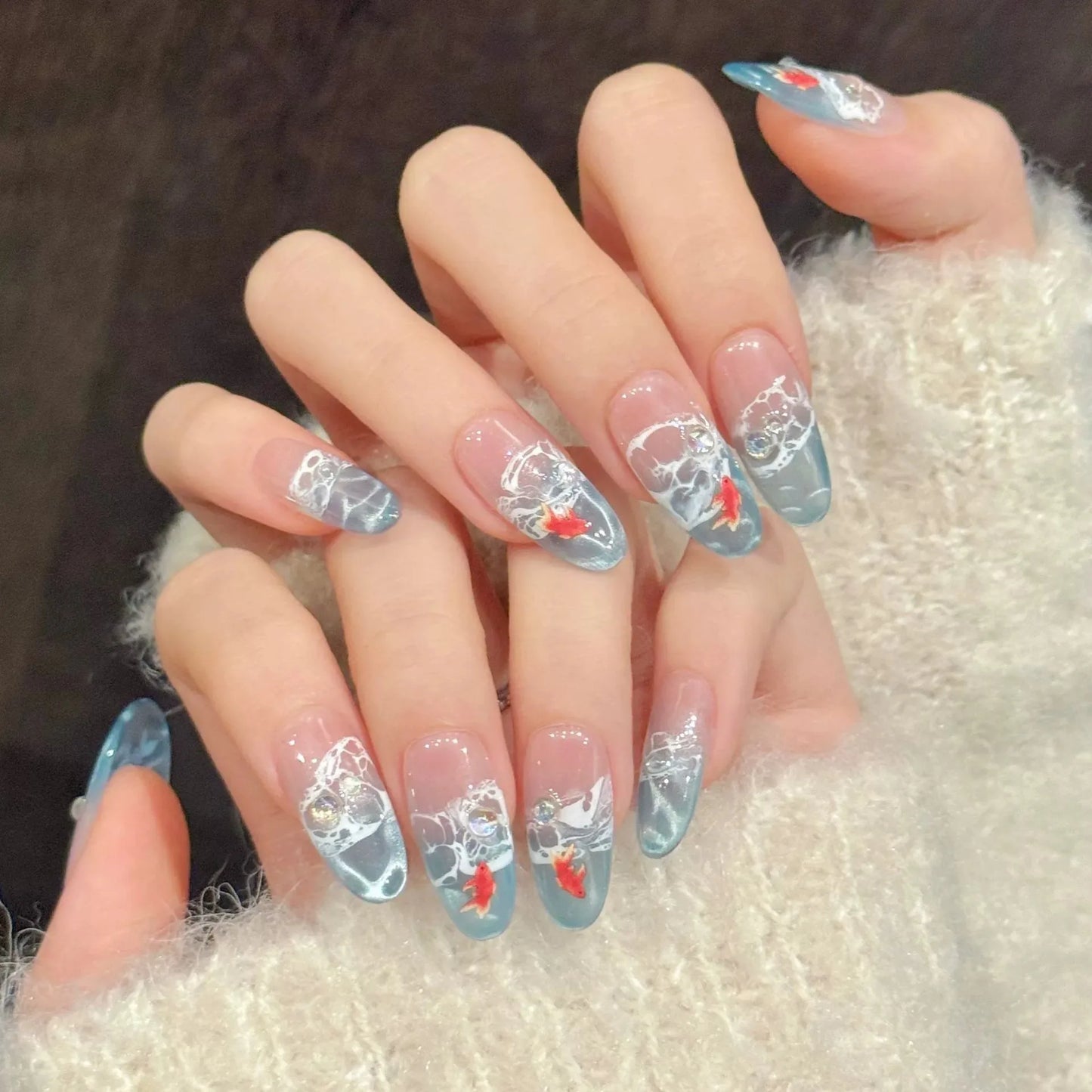 10pcs Handmade Water Ripple Cat Eye Press on Nails Ice Through Blue Fake Nails Almond Wearable Detachable Glitter False Nail Tip Peaceful Pleasures Health and Wellness M 1