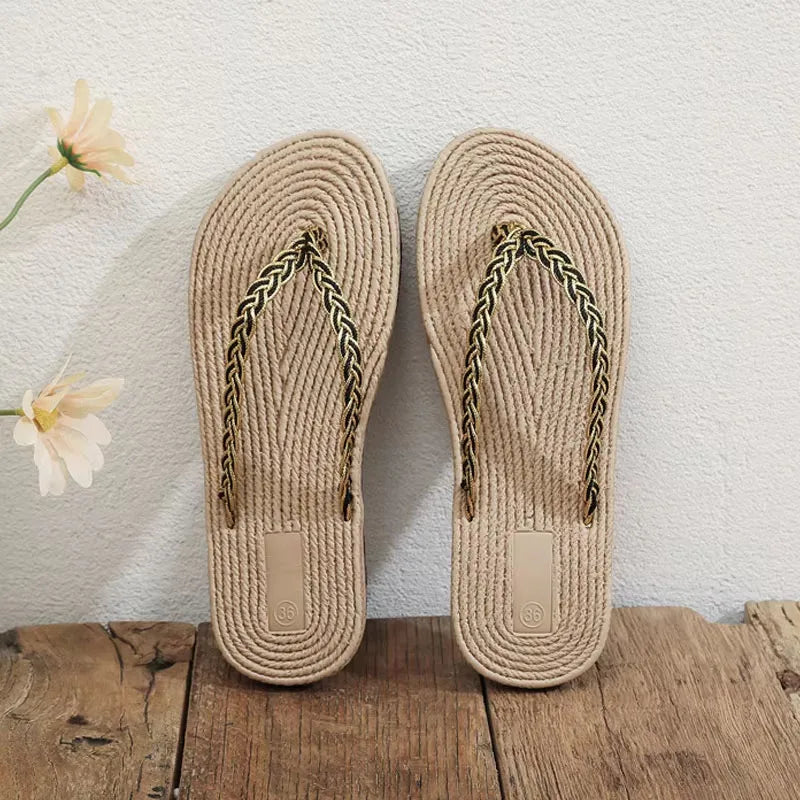 Women's Linen Flat Slippers – Lightweight Non-Slip Sandals