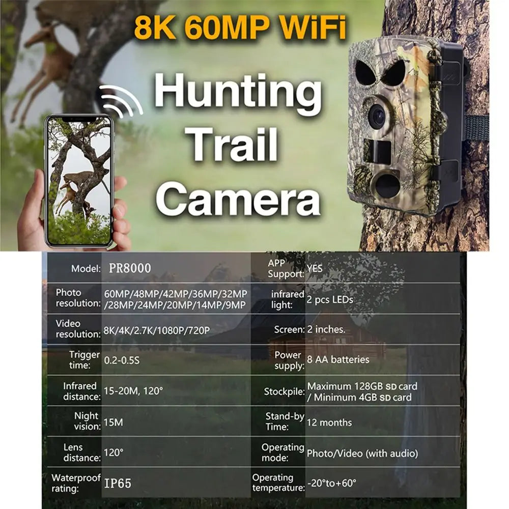 8K PR8000 Wifi Camera IP65 Waterproof No Glow Night Vision Video Recording Camera 2.0 Inch LCD Screen APP Control Peaceful Pleasures Health and Wellness