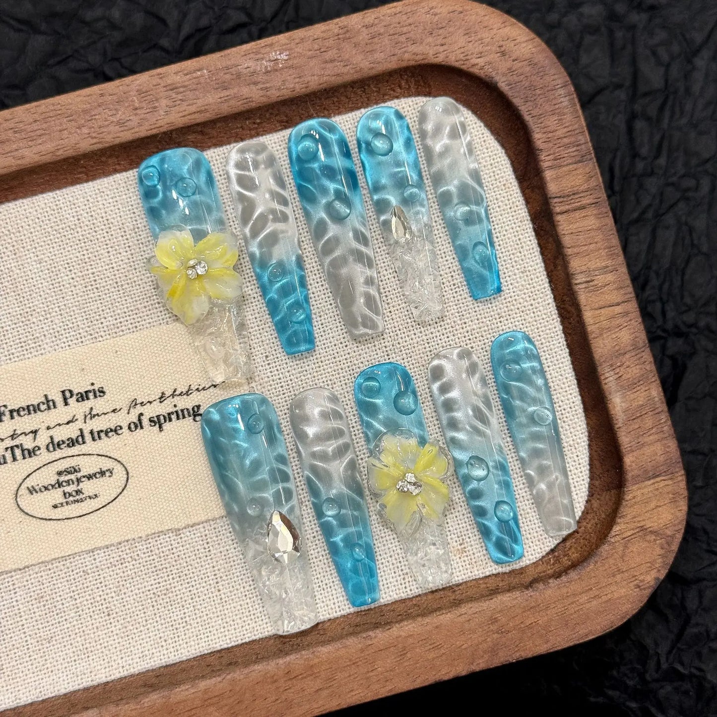10pcs Handmade Mint Green Press on Nails 3D Yellow Flower Decor Fake Nails Wearable Glitter Gradient Cat Eye False Nail Tips Peaceful Pleasures Health and Wellness S 1