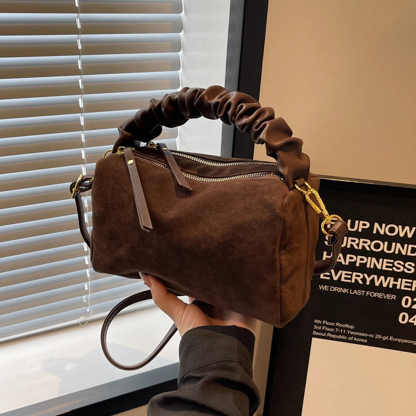 New Maillard Style Suede Small Square Bag Autumn Winter Fashion Versatile Large Capacity Commuter Shoulder Crossbody Pillow Bag Peaceful Pleasures Health and Wellness Brown-1