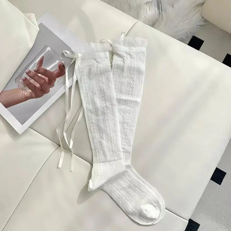 Women's Mesh Ballet Slouch Socks with Bow Lace | Calf Length