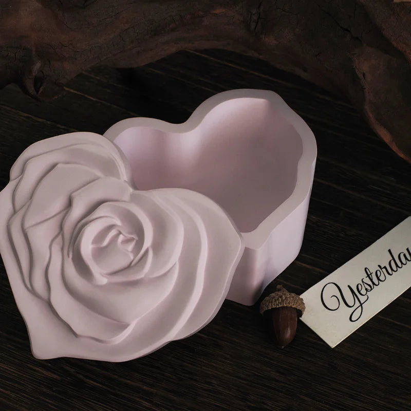 Heart Shape Rose Storage Box Silicone Mold Lid DIY 3D Carved Candle