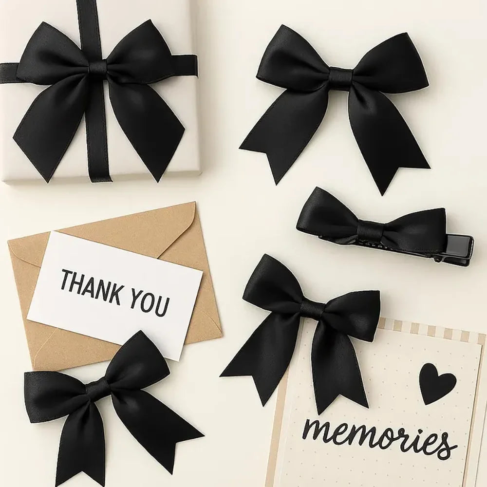 20Pcs Pink & Black Satin Ribbon Bows – Gift, Wedding & Hair Decor