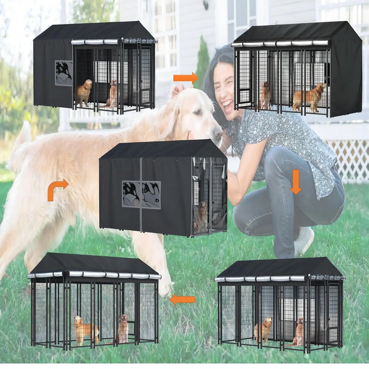 Dog kennel with cover and people interacting with a dog outdoors