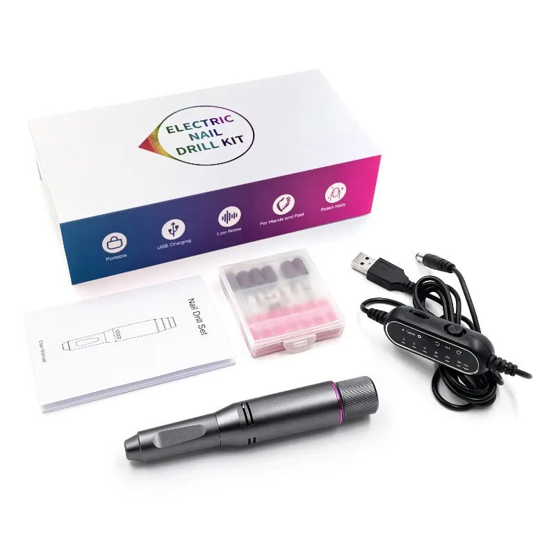 Black Metal Handle Portable Nail Drill With Drill Bits Polishing Remove Poly UV Gel Equipment Manicure Pedicure Machine Peaceful Pleasures Health and Wellness