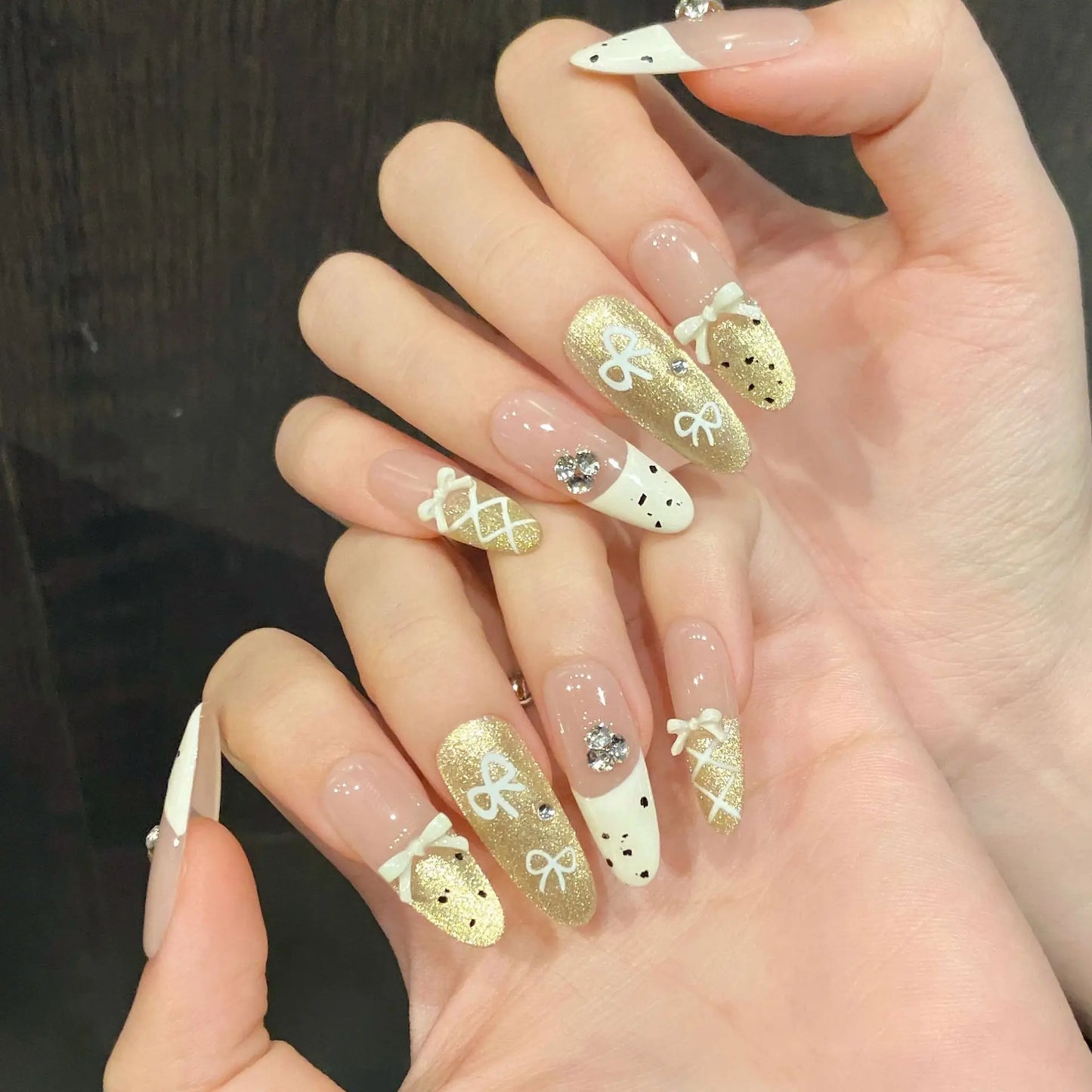 YADORNOS Press On Nails | Korean Bow Gold Cat Eye 10pc