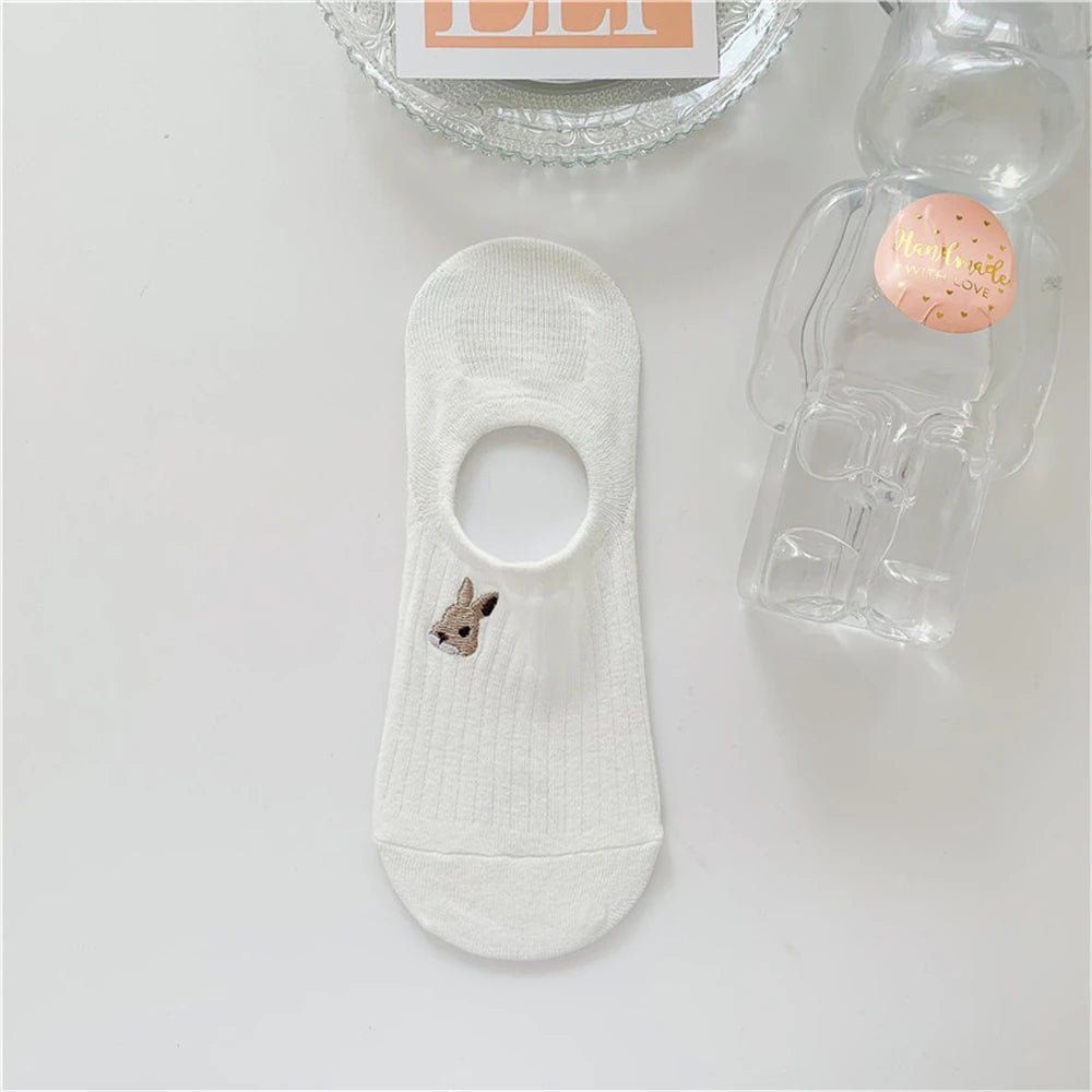 New Womens' Embroidered Bear Flower Strar Moon Squirrel White Cotton Fashion Summer No Show Invisible Socks Slippers Dropship Peaceful Pleasures Health and Wellness