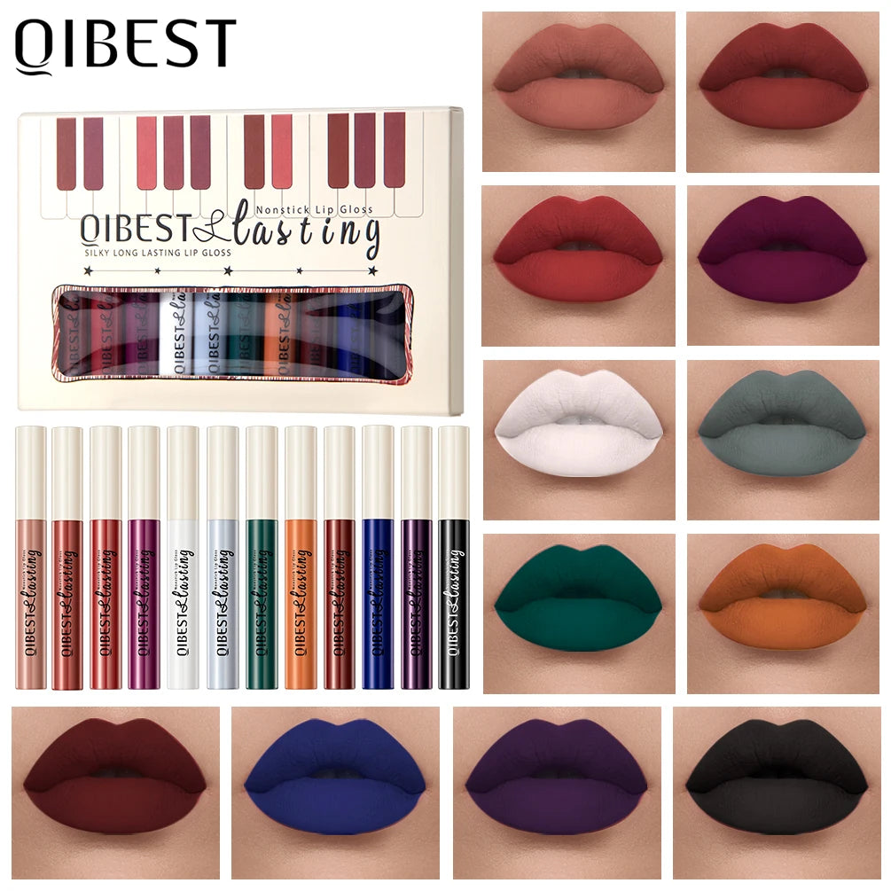 QIBEST 12pcs/set Waterproof Lip Gloss Long Lasting Velvet Nude Red Matte Liquid Lipstick Makeup Lipgloss Tint Cosmetic Sets Peaceful Pleasures Health and Wellness Set B