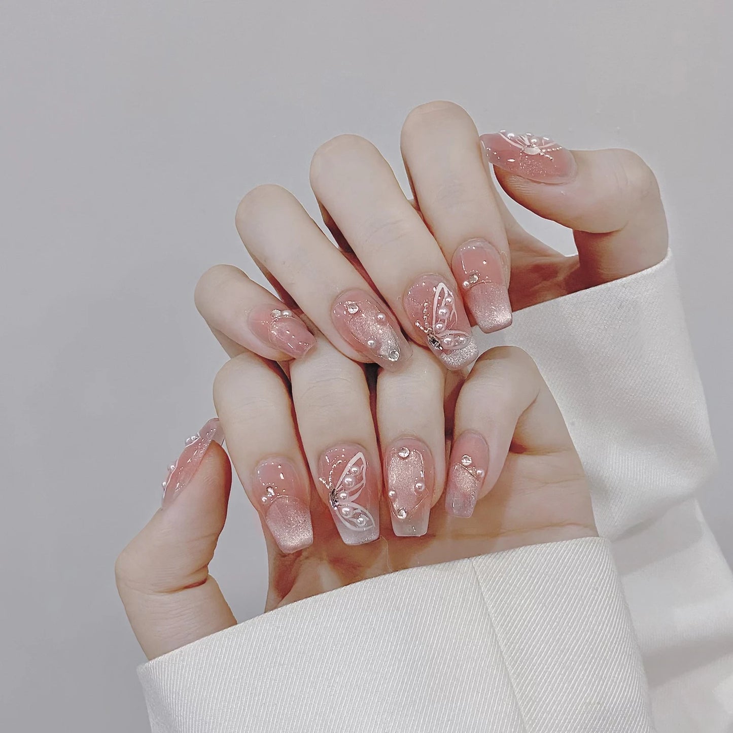 Handmade Press on Nails Shiny Pink Cat Eye Pearl Fake Nail Tips For Girl Women Wearable Full Cover Korean Sweet False Nails Peaceful Pleasures Health and Wellness XS 1