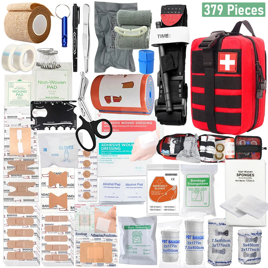 379pcs Home Office First Aid Kit Portable Emergency Bag, Red Survival Carry-On for Outdoor Activities, Camping, Hunting, Hiking Peaceful Pleasures Health and Wellness Red-379pcs