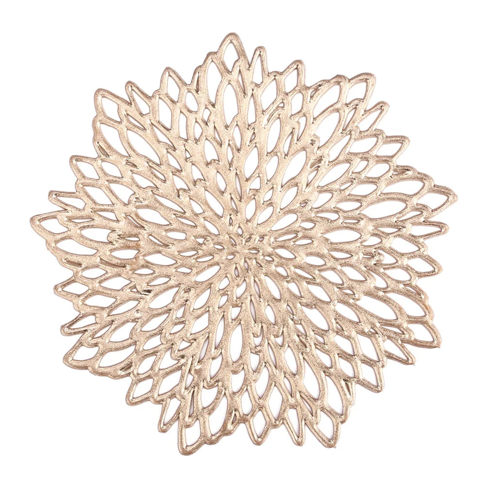 4/6 Pack 38CM/10CM Gold Floral Leaf Hollow Out Placemats Vinyl Kitchen Dinning Table Place Mats Wedding Party Washable Decor Peaceful Pleasures Health and Wellness GOLD 6PC 38CM Mats