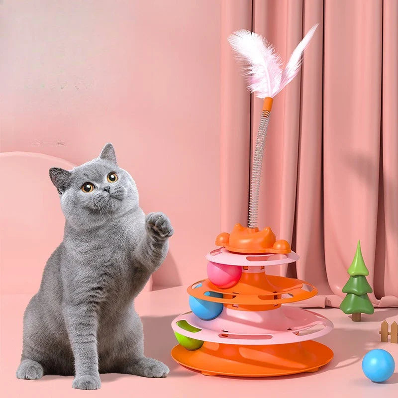 4-Layer Feather Cat Turntable – Interactive Toy Ball & Stick