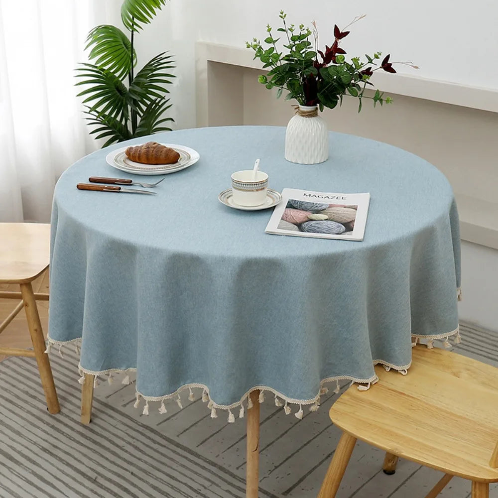 Round Cotton Linen Tablecloth with Tassels | Waterproof & Dustproof