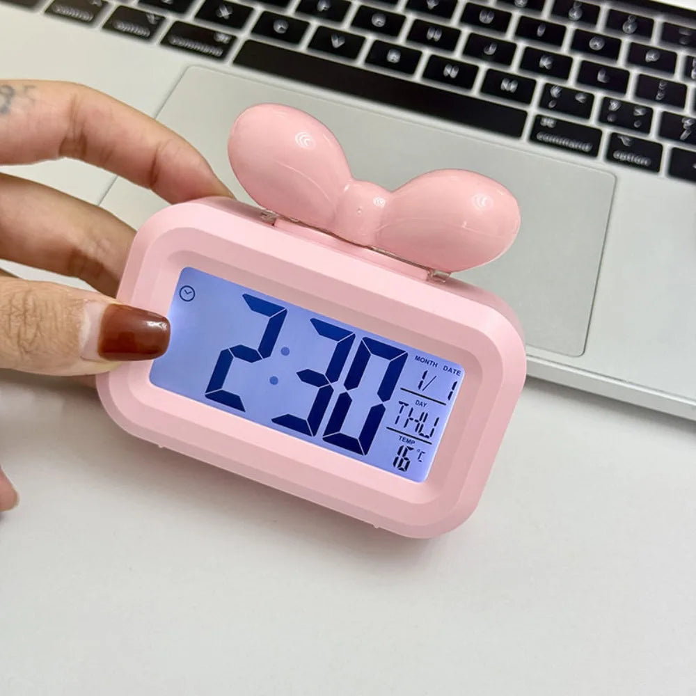 Cute Bowknot LED Digital Clock Temperature Detection Mini Alarm Clock with Night Light Gift Desktop Clock Bedside Decoration Peaceful Pleasures Health and Wellness Pink