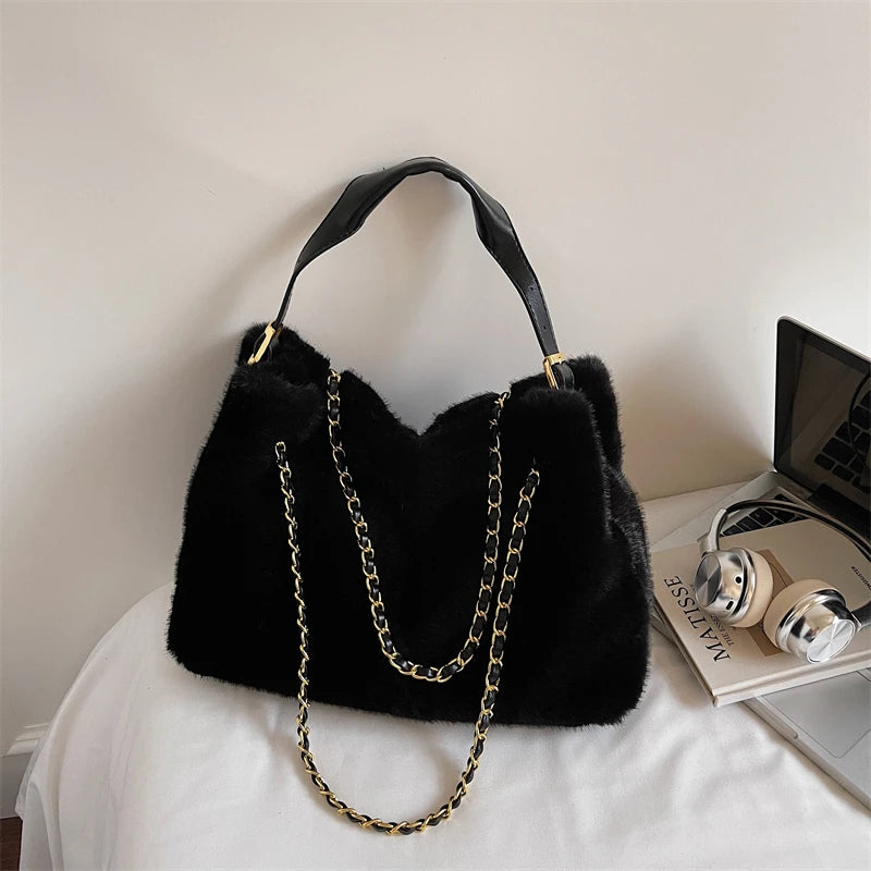 Practical Retro Plush Bag for Women Large Capacity Tote Shoulder Handbag Autumn Winter Fashionable Versatile for Daily Commuting Peaceful Pleasures Health and Wellness black