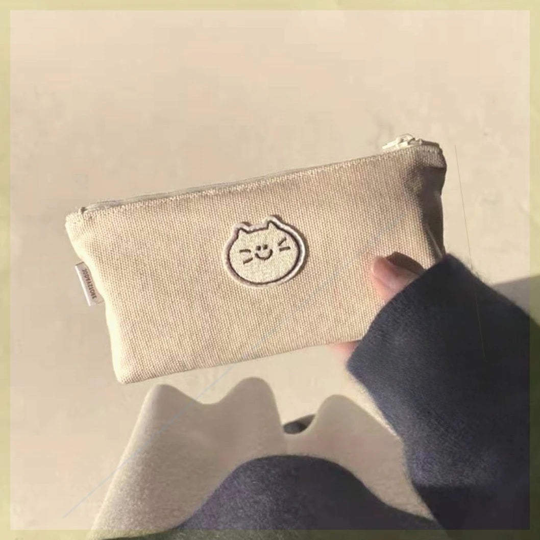 Cat Dog Pencil Case Japanese Style Large Capacity Simple Minority High Appearance Korean Canvas Exquisite Stationery Storage Bag Peaceful Pleasures Health and Wellness A
