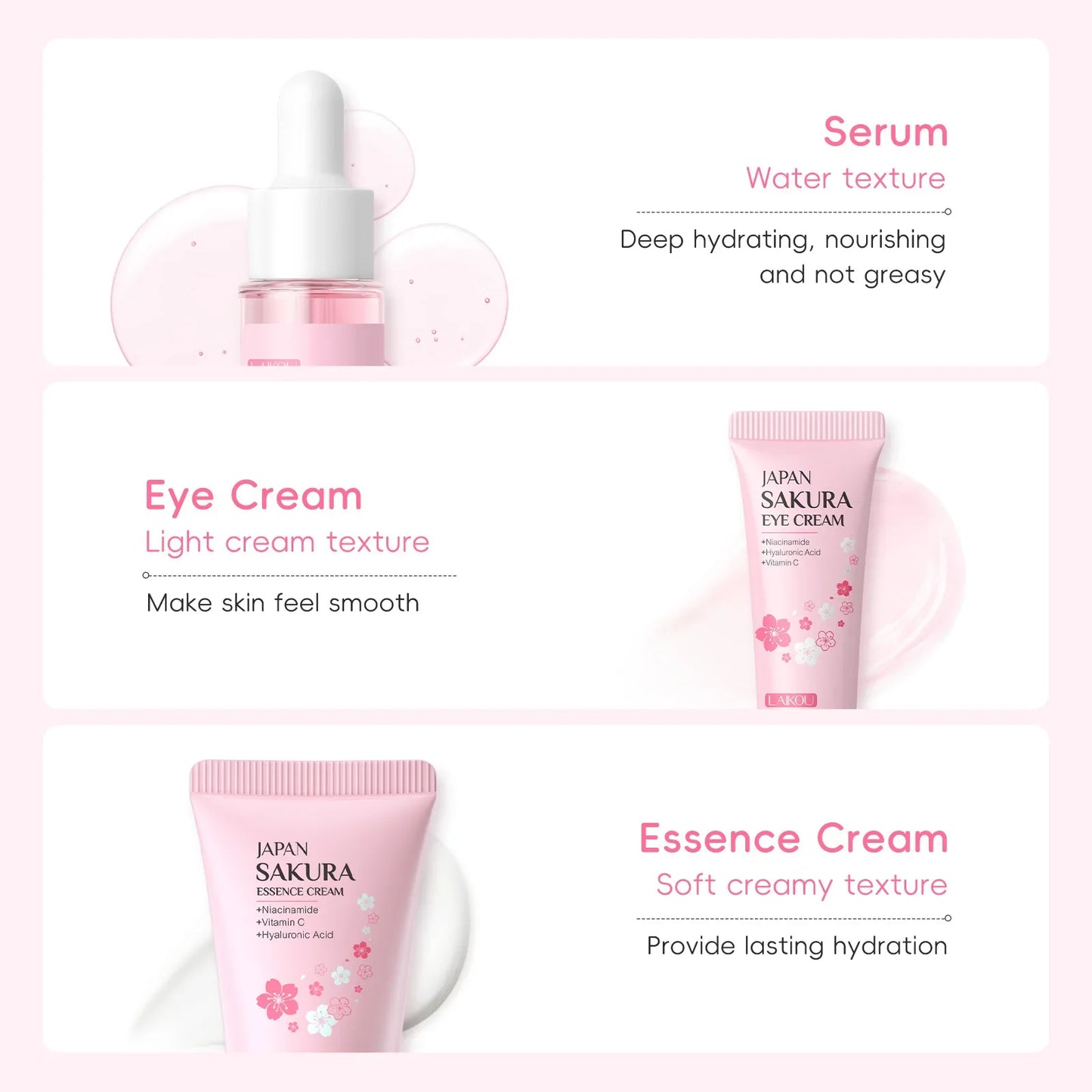 LAIKOU Sakura 3-Piece Skincare Kit – Serum, Eye Cream & Face Cream