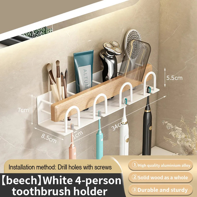 Wall-Mounted Wood Toothbrush Rack & Mug Holder with Squeezer
