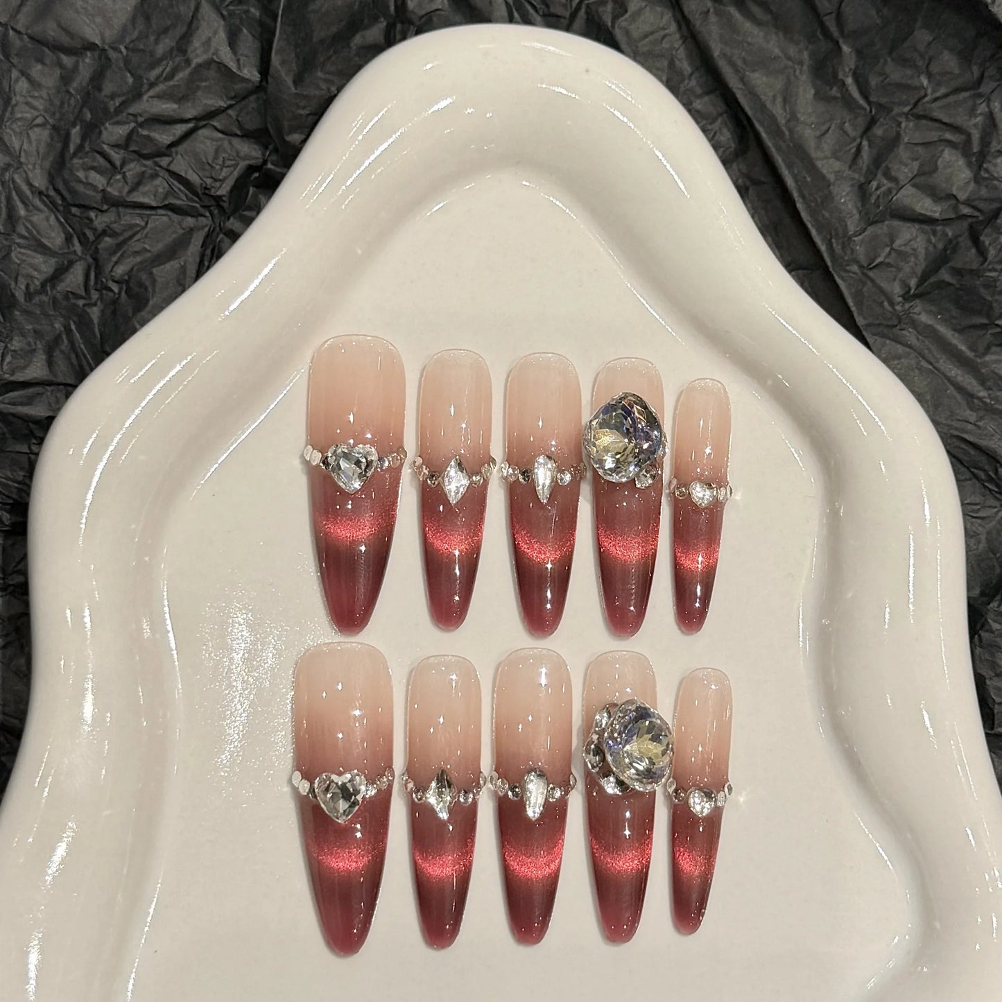 Press-On Nails Pomegranate Pink Cat Eye Long Oval | YADORNOS Press-On Nail Set Peaceful Pleasures Health and Wellness S 1