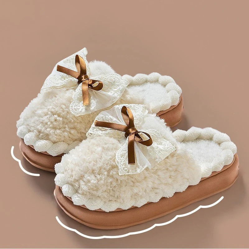 Women's Bow Plush Slippers – Warm Anti-Slip Indoor House Shoes