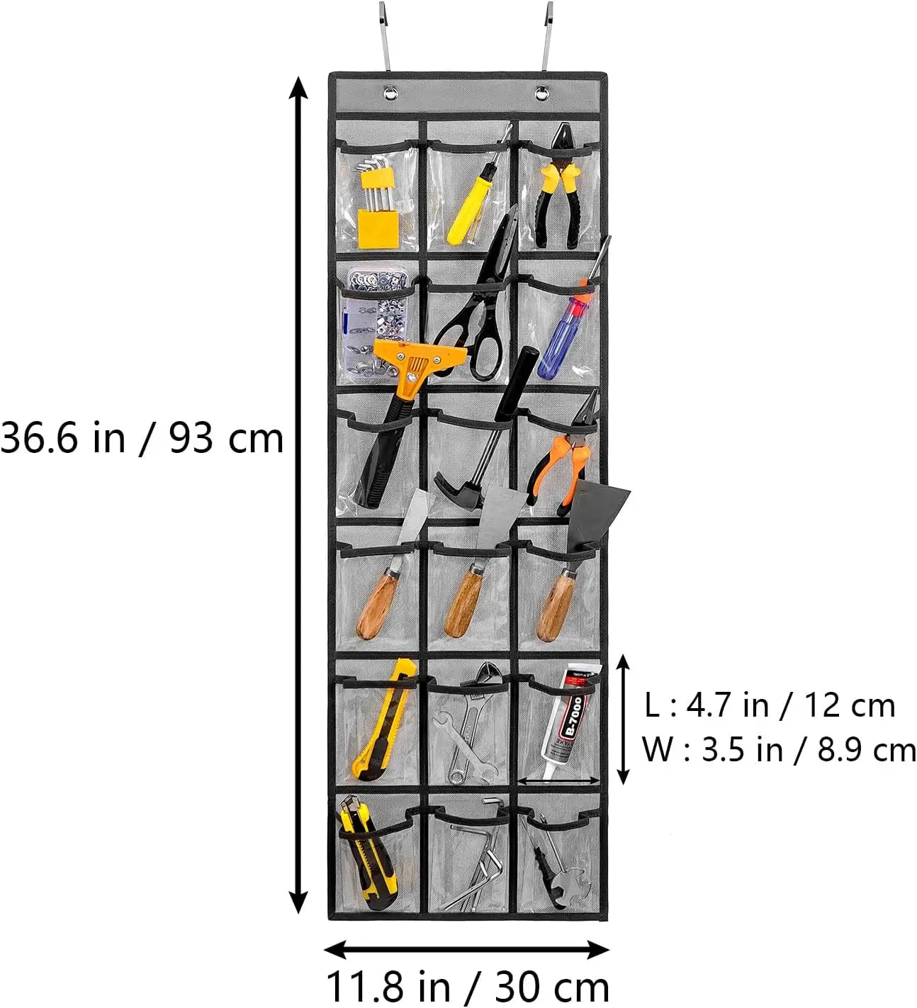 Tool organizer with various tools and measurements on a white background