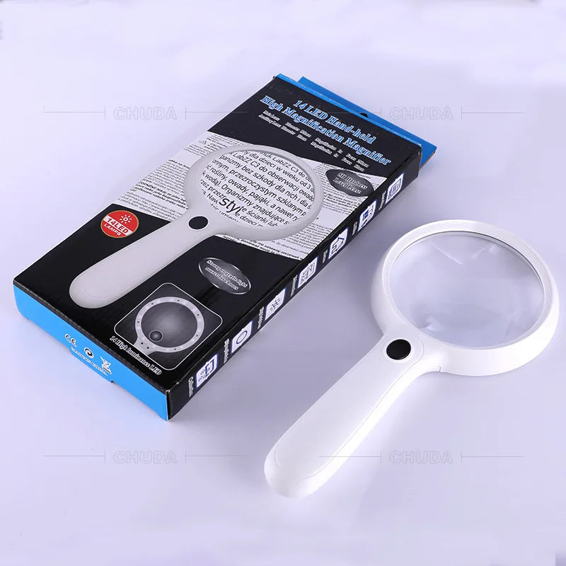 Handheld Magnifying Glass 120Mm Large Diameter Reading 14 Led Light Comfortable Handle Design Peaceful Pleasures Health and Wellness