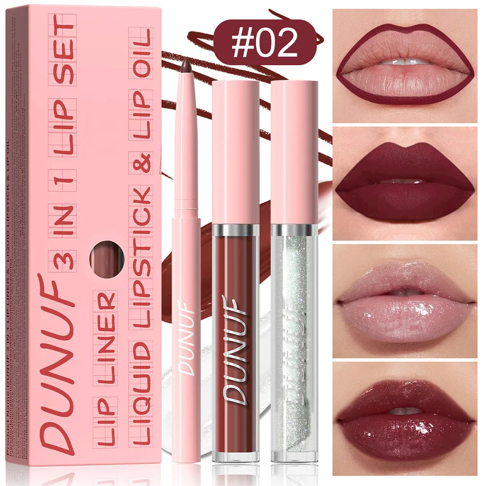 DUNUF 3-Pc Matte Lipstick Set – Lip Liner, Gloss & Oil Kit