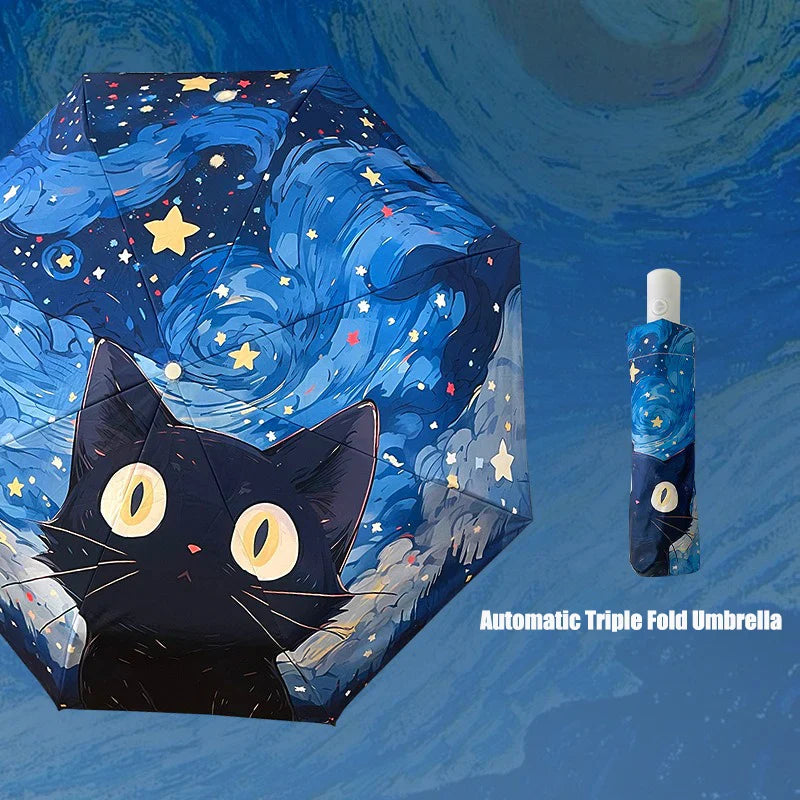 Blue Cartoon Cat Folding UV Umbrella – Sun & Rain Protection