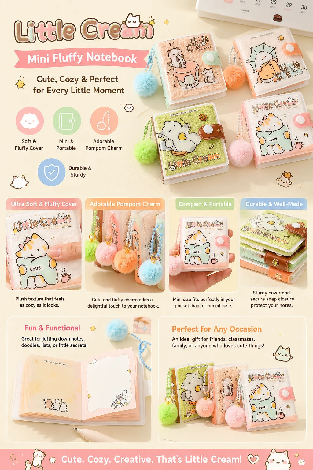 Cute Cream Mini Fluffy Notebook Pom Charm Kawaii Portable Pocket Memo