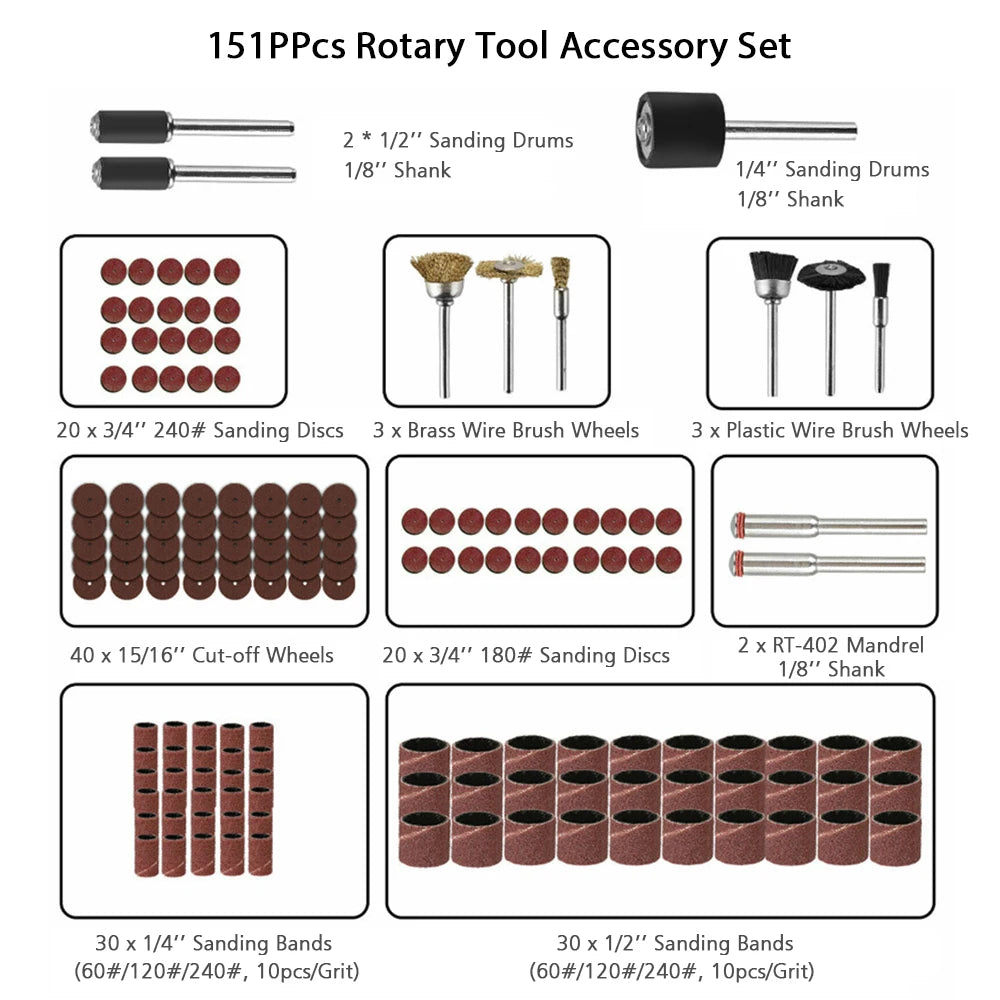 Abrasive Rotary Tool Accessories Set Electric Mini Drill Bit Kit Sanding Polishing Cutting Engraving Heads for Dremel Peaceful Pleasures Health and Wellness 151pcs Without Box