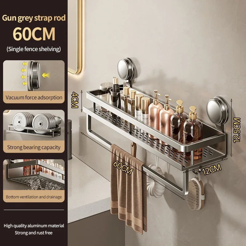 No-Drill Suction Cup Bathroom Wall Storage Rack | Aluminum