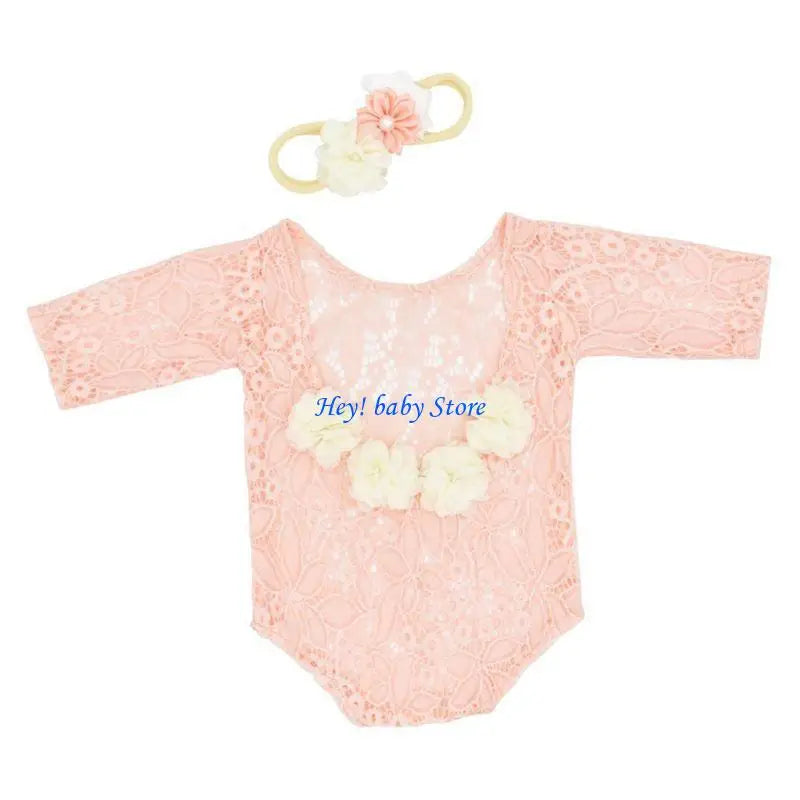 Baby Girl Lace Romper & Flower Pearl Headband Photography Set