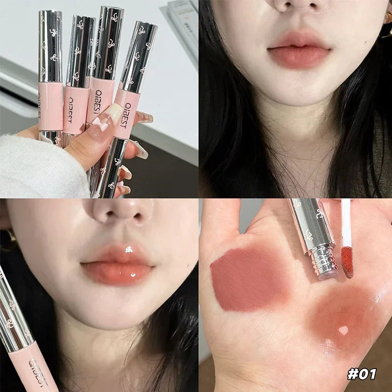 QIBEST Double Ended Lip Glaze Lasting Sexy Red Tint Liquid Lipstick Moisturizing Mirror Lip Stain Lightweight Korean Cosmetics Peaceful Pleasures Health and Wellness 01