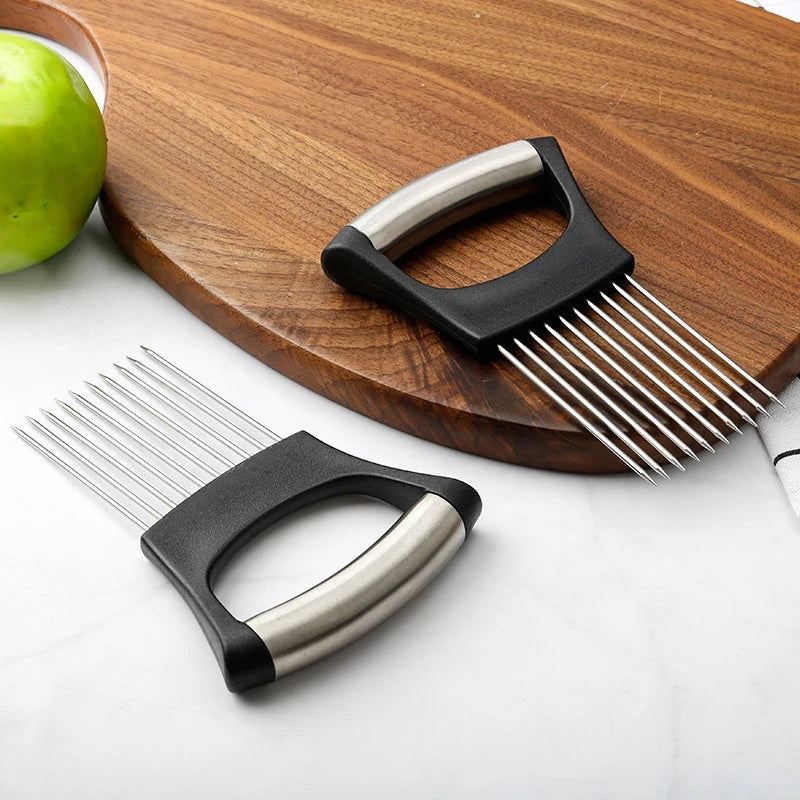 Stainless Steel Onion Cutter Holder Food Slicers Assistant Tomato Onion Slicer Holder Vegetables Cutting Fork Kitchen Gadgets Peaceful Pleasures Health and Wellness