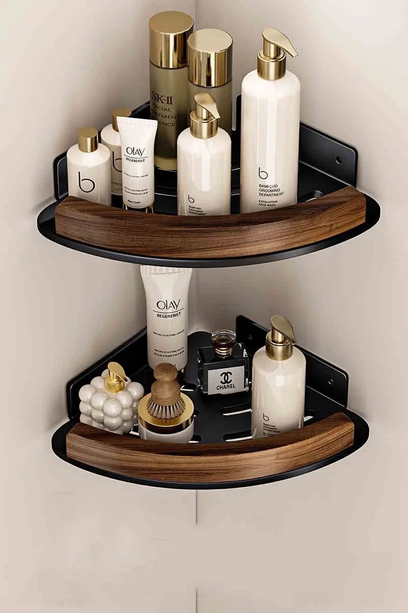 Wood & Aluminum Wall-Mounted Corner Shelf – Bathroom Organizer