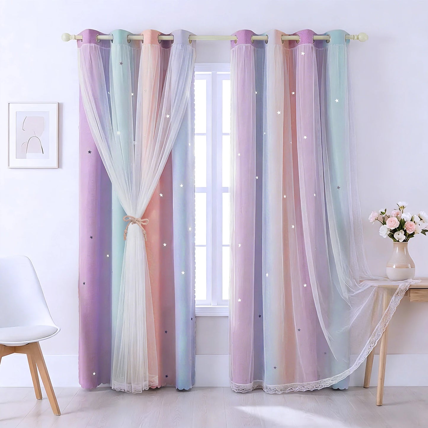 Blackout Curtains for Girls Kids Bedroom 2 Layer Thermal Insulated Rainbow Drapes 2 Panel Set Curtains with Sheer Pink/Purple Peaceful Pleasures Health and Wellness Pink Blue Purple 132cmx213cm 2 panels
