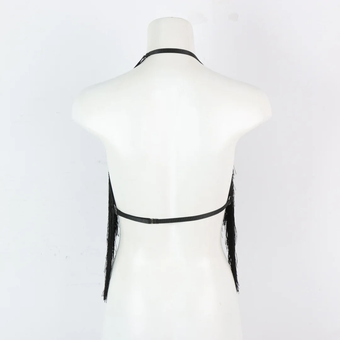 UYEE Women's Black Halter Adjustable Elastic Harness Tassel Detail