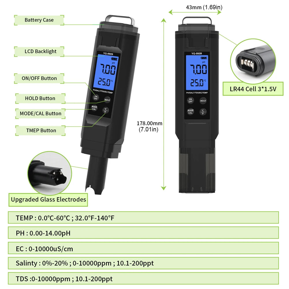 5 in 1 Digital Water Quality Tester Pen TDS EC Temp Salinity PH Meter for Drinking Water Hydroponics Aquariums Pools Peaceful Pleasures Health and Wellness